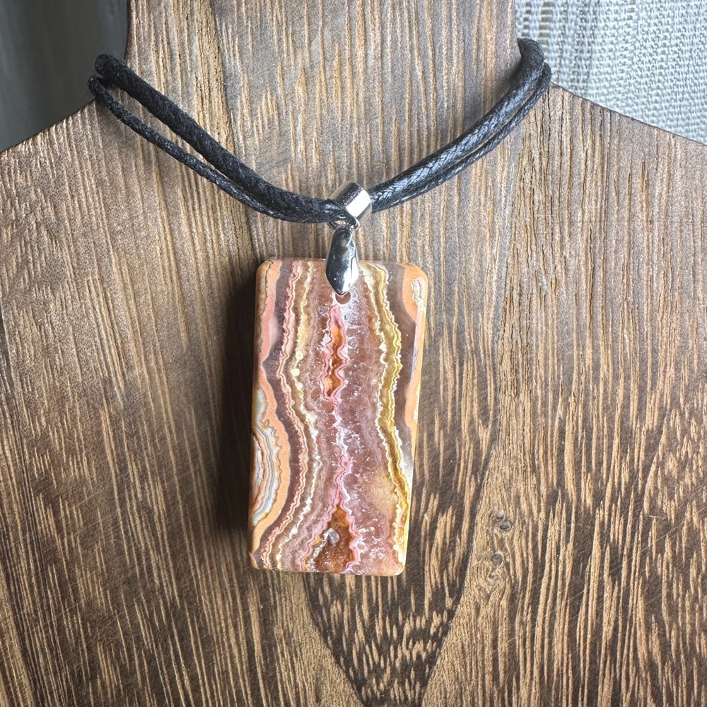 Crazy Lace Agate Rectangle Pendant Necklace on Black Rope - Picture 10 of 15